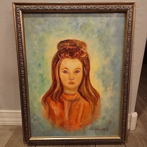 Other - Unknown Painter Portrait Red Headed Girl Green Eyes Oil Painting 1967 Framed